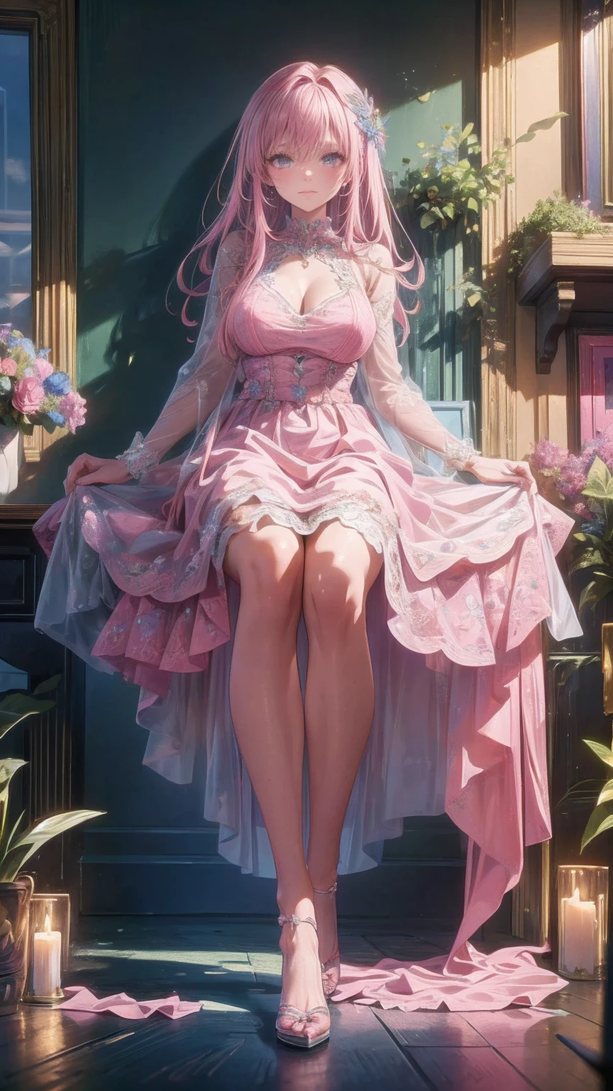 art：Cornflower ,(masterpiece),(Best Quality:1.2),(perfect anatomy),( 1 girl), fairy,Beautifully detailed pink eyes ,Beautiful pink hair ,(  pink dress ),( Highly Detailed Elegant ),Classic Style, rich colors,born々New texture, Detailed skin, adds a dramatic and iconic element to the scene,  written border depth , Silky to the touch, Dynamic Composite,Delicate texture, stand in a field of green plants and flowers ,Warm lighting, Brush Strokes 
