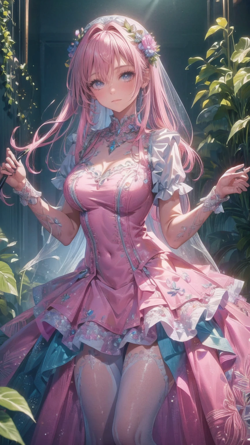 art：Cornflower ,(masterpiece),(Best Quality:1.2),(perfect anatomy),( 1 girl), fairy,Beautifully detailed pink eyes ,Beautiful pink hair ,(  pink dress ),( Highly Detailed Elegant ),Classic Style, rich colors,born々New texture, Detailed skin, adds a dramatic and iconic element to the scene,  written border depth , Silky to the touch, Dynamic Composite,Delicate texture, stand in a field of green plants and flowers ,Warm lighting, Brush Strokes 
