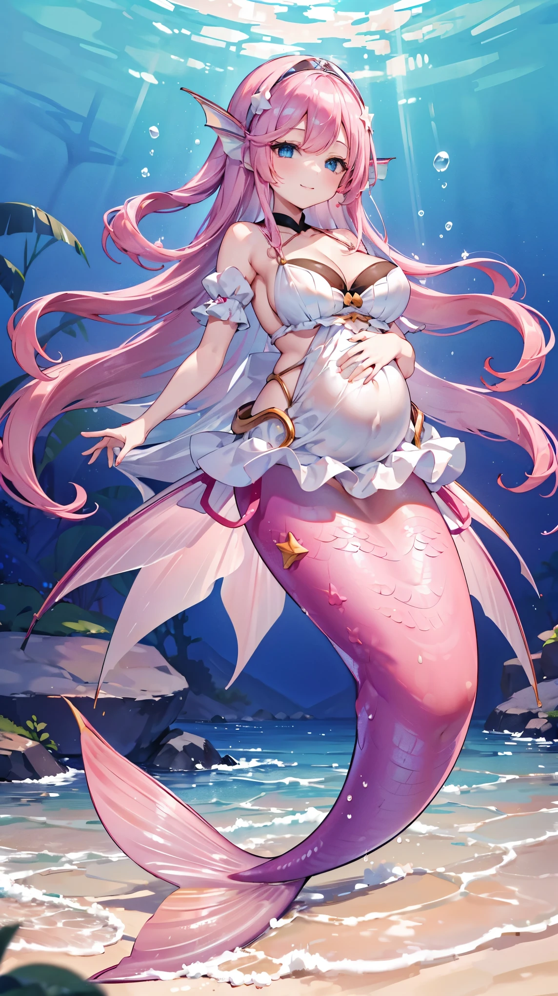 (masterpiece, Best Quality ),(Full fingers), alone, big breasts ,Pregnant, a girl , with pink hair ,Headdress, white dress, blue eyes,Head fin,Mermaid,粉色的Mermaid尾巴,Full body photo,(Underwater:1.2),seabed,charming face(Kawaii, charming,Soft),Smile