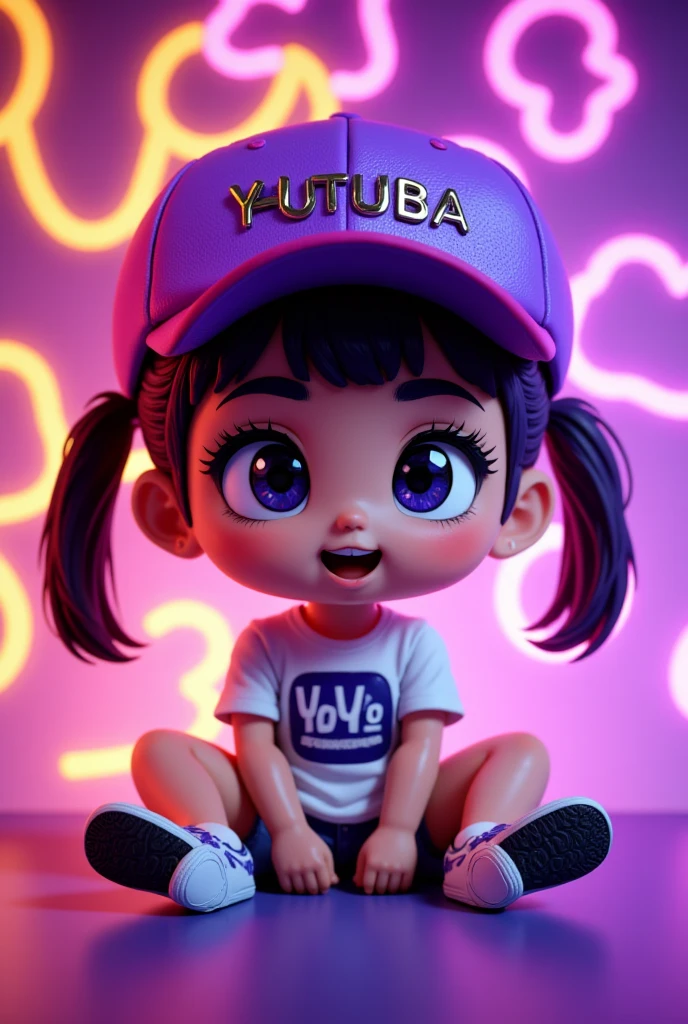 A 3D render of a chibi-style social media influencer named Louisa showcasing her trendy fashion sense. She wears a stylish purple cap with her name in metallic black letters, a vibrant t-shirt, and shorts. Sitting beside a vibrant Youtube logo, Louisa is surrounded by a dynamic fusion of purple and gold LED lights that illuminate the photo studio. Her chic accessories and the seamless integration of her second name in bold black font on the bottom emphasize the masterful blend of photography, digital art, and 3D rendering techniques, resulting in a visually stunning and unforgettable image