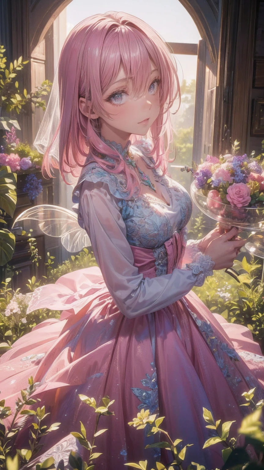 art：Cornflower ,(masterpiece),(Best Quality:1.2),(perfect anatomy),( 1 girl), fairy,Beautifully detailed pink eyes ,Beautiful pink hair ,(  pink dress ),( Highly Detailed Elegant ),Classic Style, rich colors,born々New texture, Detailed skin, adds a dramatic and iconic element to the scene,  written border depth , Silky to the touch, Dynamic Composite,Delicate texture, stand in a field of green plants and flowers ,Warm lighting, Brush Strokes 
