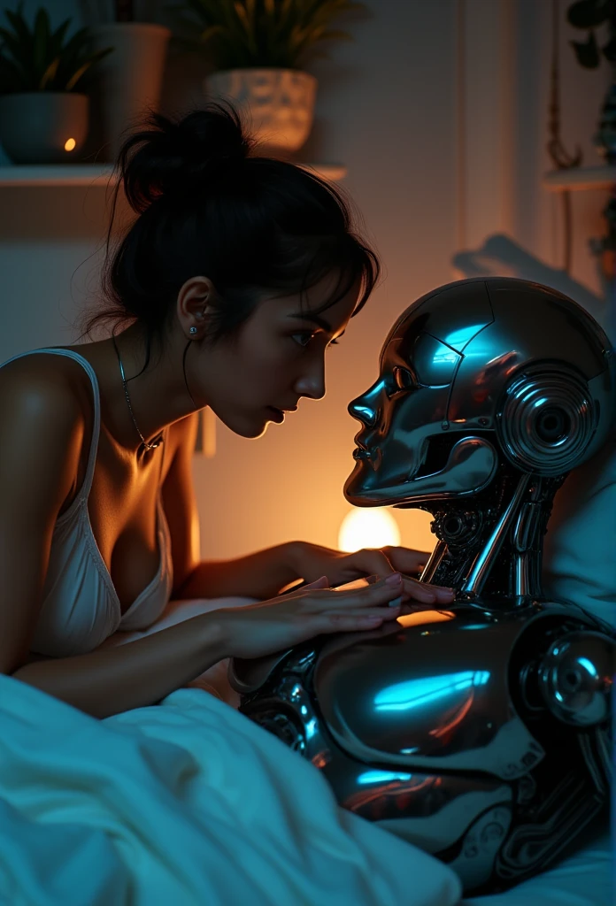 ((masterpiece)) ((photography)) ((Highest quality)) A cinematic, ultra-realistic depiction of a woman in a dimly lit room,  wearing very light transparent white night dress, lying in a modern bed with luxurious white sheets. She gazes intently at a sleek muscular  big male cyborg, his metallic body reflecting soft ambient light. The cyborg appears human-like, with lifelike features blending with mechanical details, and a big metalic penis between his legs, giving him an aura of both strength and vulnerability. The woman reaches out, her hand brushing the cool metal of his chest, her expression a mix of anticipation and warmth. Soft, warm shadows create an intimate, futuristic atmosphere, emphasizing the emotional connection in this unique, almost surreal moment.