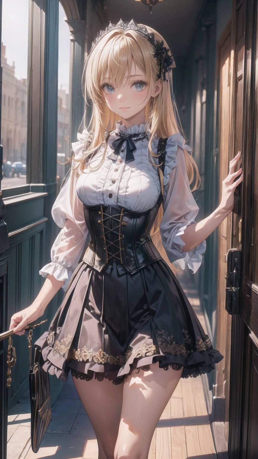 (((gothic))),  A young woman stands among elaborate decorations 、 captivating scene  , she was adorned with hair accessories、she is medium length,  wavy golden hair..。.。Super mini skirt with frills, sheの表情は自然だ,  calm expression. she wore a frilly-sleeved miniskirt and a tight corset....、she&#39;  wears a gorgeous off-the-shoulder white dress  。,  creates a whimsical and romantic atmosphere  . sheのポーズはリラックスしている,  rear view of posture、she is lifting her skirt with both hands。  white panties visible  。 camel toe 、 そしてsheは&#39;Turn slightly to the side,  rear view of posture、It gives me a sense of contemplation and introspection . The background is vivid, Blooming flowers and intricate designs,  is whimsical and creates a romantic vibe  . 背後から差し込む自然光がsheの周りに柔らかな輝きを放つ...., The delicate details of the costume、Enhance the vibrant colors of the landscape.  I wear black stockings with delicate shoes  ...., Taking the audience into a dream world.  A woman standing in a courtyard wearing a dress and boots , (((watercolor))), Anime with beautiful animated art  , Anime with beautiful animated art  work, Kschat Krentz Key Art Feminine, Gway's , Anime Art Nouveau, Detailed Key Anime Art, Anime full body illustration, barrel ,  Pixiv Digital Art,  Beautiful fantasy anime 
