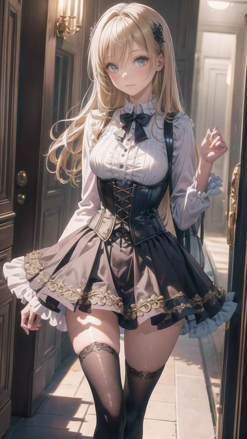 (((gothic))),  A young woman stands among elaborate decorations 、 captivating scene  , she was adorned with hair accessories、she is medium length,  wavy golden hair..。.。Super mini skirt with frills, sheの表情は自然だ,  calm expression. she wore a frilly-sleeved miniskirt and a tight corset....、she&#39;  wears a gorgeous off-the-shoulder white dress  。,  creates a whimsical and romantic atmosphere  . sheのポーズはリラックスしている,  rear view of posture、she is lifting her skirt with both hands。  white panties visible  。 camel toe 、 そしてsheは&#39;Turn slightly to the side,  rear view of posture、It gives me a sense of contemplation and introspection . The background is vivid, Blooming flowers and intricate designs,  is whimsical and creates a romantic vibe  . 背後から差し込む自然光がsheの周りに柔らかな輝きを放つ...., The delicate details of the costume、Enhance the vibrant colors of the landscape.  I wear black stockings with delicate shoes  ...., Taking the audience into a dream world.  A woman standing in a courtyard wearing a dress and boots , (((watercolor))), Anime with beautiful animated art  , Anime with beautiful animated art  work, Kschat Krentz Key Art Feminine, Gway's , Anime Art Nouveau, Detailed Key Anime Art, Anime full body illustration, barrel ,  Pixiv Digital Art,  Beautiful fantasy anime 
