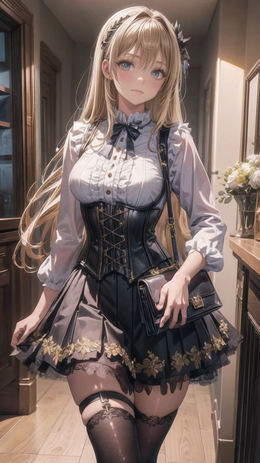 (((gothic))),  A young woman stands among elaborate decorations 、 captivating scene  , she was adorned with hair accessories、she is medium length,  wavy golden hair..。.。Super mini skirt with frills, sheの表情は自然だ,  calm expression. she wore a frilly-sleeved miniskirt and a tight corset....、she&#39;  wears a gorgeous off-the-shoulder white dress  。,  creates a whimsical and romantic atmosphere  . sheのポーズはリラックスしている,  rear view of posture、she is lifting her skirt with both hands。  white panties visible  。 camel toe 、 そしてsheは&#39;Turn slightly to the side,  rear view of posture、It gives me a sense of contemplation and introspection . The background is vivid, Blooming flowers and intricate designs,  is whimsical and creates a romantic vibe  . 背後から差し込む自然光がsheの周りに柔らかな輝きを放つ...., The delicate details of the costume、Enhance the vibrant colors of the landscape.  I wear black stockings with delicate shoes  ...., Taking the audience into a dream world.  A woman standing in a courtyard wearing a dress and boots , (((watercolor))), Anime with beautiful animated art  , Anime with beautiful animated art  work, Kschat Krentz Key Art Feminine, Gway's , Anime Art Nouveau, Detailed Key Anime Art, Anime full body illustration, barrel ,  Pixiv Digital Art,  Beautiful fantasy anime 
