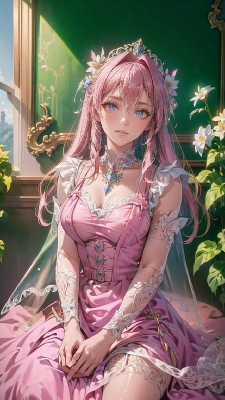 art：Cornflower ,(masterpiece),(Best Quality:1.2),(perfect anatomy),( 1 girl), fairy,Beautifully detailed pink eyes ,Beautiful pink hair ,(  pink dress ),( Highly Detailed Elegant ),Classic Style, rich colors,born々New texture, Detailed skin, adds a dramatic and iconic element to the scene,  written border depth , Silky to the touch, Dynamic Composite,Delicate texture, stand in a field of green plants and flowers ,Warm lighting, Brush Strokes 
