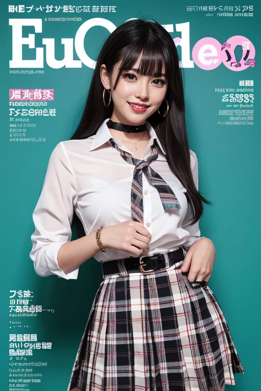 masterpiece, highest quality, whole body, One girl, bangs, black choker, black tie, Gray Hair, blue skirt, blush, bracelet, Big Breasts, choker, clothes The surrounding area waist, clavicle, collared shirt, Cowboy Shot, dress shirt, ear Earrings, Eyebrows visible through hair, Gradient Hair, Grin, Improve, jewelry, Kogal, Long Hair, View your viewers, loose tie, tie, Earrings, Plaid, Plaid skirt, pleated skirt, Red eyes, ring, , shirt, skirt, smile, alone, white shirt, street, null, cherry blossoms, petal,figure, (magazine:1.3), (cover-style:1.3), fashionable, woman, Vibrant, Costume, Pause, front, colorful, dynamic, background, element, have confidence, Performance, Holding, statement, accessories, Majestic, Coiled, The surrounding area, touch, scene, article, cover, bold, to attract attention, title, stylish, font, Catchy, Heading, big, impressive, Modern, trend, concentrated, fashion,Red eyes,