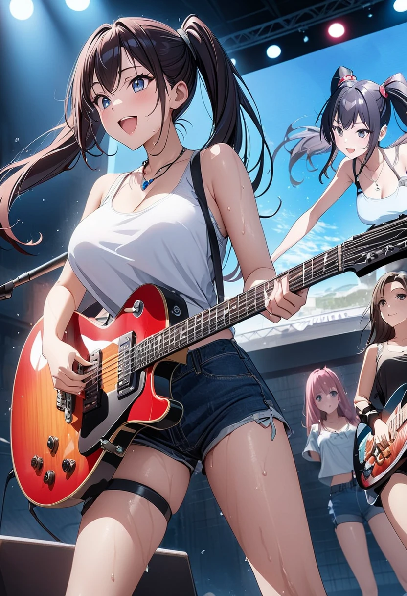 masterpiece, best quality, ultra-detailed, illustration, an extremely delicate and beautiful,high resolution, ultra-detailed,,perfect face,slender perfect body, Tight belly,Toned buttocks,Constricted waist,,(girl plays the guitar:1.7), 15yo,(colorful braid hair),(big smile),black sunglasses, (tattoo on thigh:1.3),(very short hair), shy daughter, short stature,(rock and roll star:1.3),(small breasts),on a luxurious stage), (band girl),((very wide shot )),( sweaty skin:1.2),(low view:1.5),(spread legs:1.3),show off panties