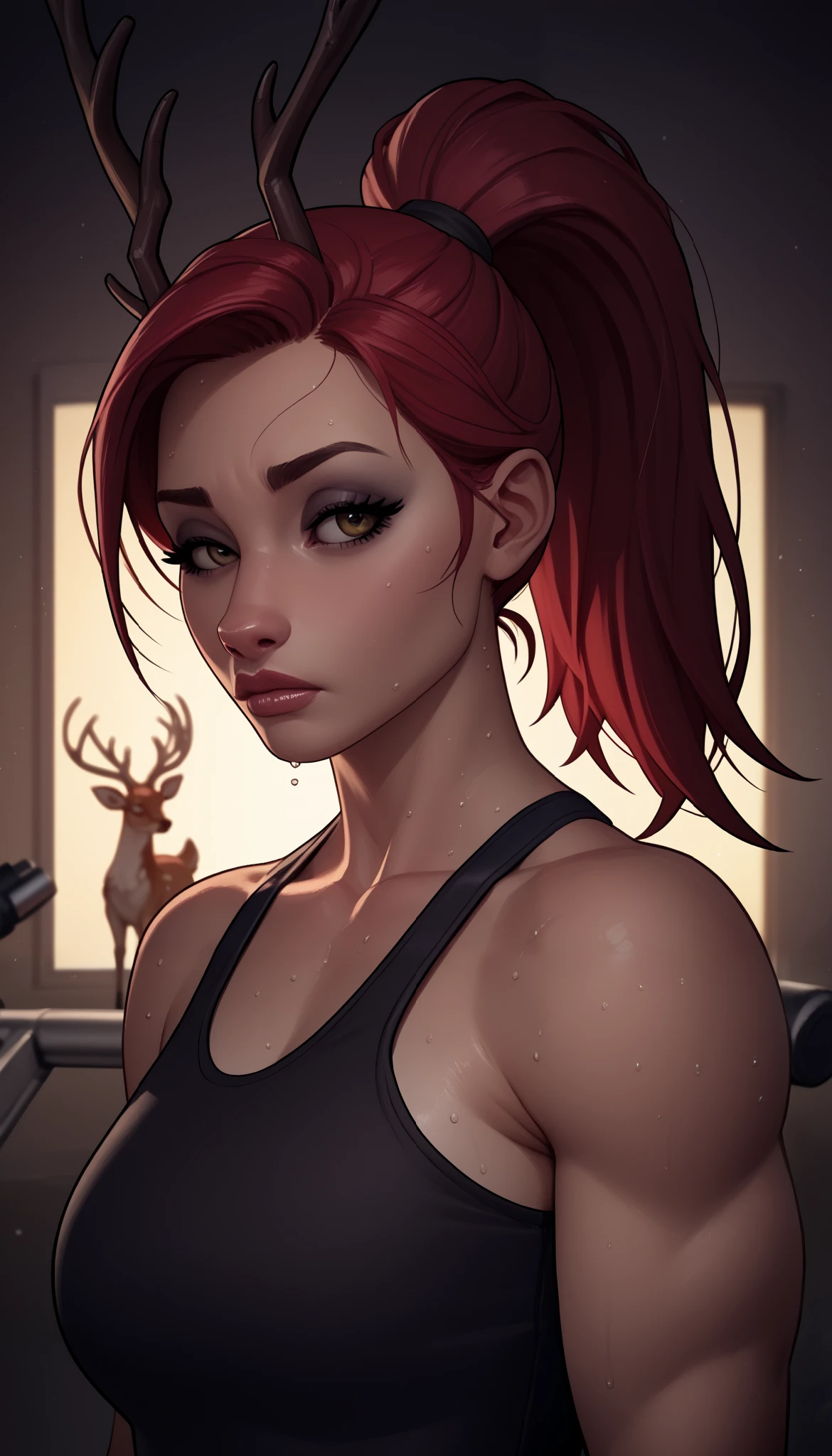 (zPDXL2), (PonyXLV6_Scores), source_anime, Expressiveh, asymmetric image, BREAK
lhata4564, masterpiece, best quality, (hioshiru, tom bagshaw), female deer, anthro, workout, perfect eyes, long eyelashes, (deer), (sweaty face), (red hair, ponytail), brown fur, (makeup, eyeliner:1.1), (detailed background:1.3), (cinematic lighting), detailed ambient light, (detailed lighting), (ambient light on the body), , ((dark outlines)), [[by taran fiddler]], by dagasi, by Foxovh, (sharp focus), (masterpiece, 8k, 4k,raw photo, warm lighting, best quality, hi res, high resolution, high details, ultra realistic, absurd res