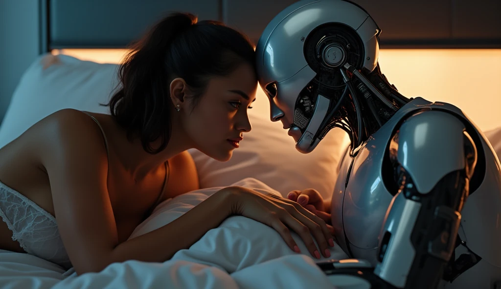 ((masterpiece)) ((photography)) ((Highest quality)) A cinematic, ultra-realistic depiction of a woman in a dimly lit room,  wearing very light transparent white night dress, lying in a modern bed with luxurious white sheets. She gazes intently at a sleek muscular  big male cyborg, his metallic body reflecting soft ambient light. The cyborg appears human-like, with lifelike features blending with mechanical details, and ((showing a big metalic penis between his legs)), giving him an aura of both strength and vulnerability. The woman reaches out, her hand brushing the cool metal of his chest, her expression a mix of anticipation and warmth. Soft, warm shadows create an intimate, futuristic atmosphere, emphasizing the emotional connection in this unique, almost surreal moment.