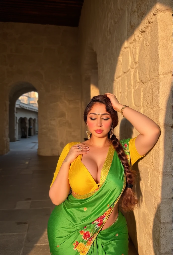 A serene South Asian woman, adorned in a vibrant green saree with yellow borders and floral patterns, leans against a rustic stone wall beneath a warm, golden light. Her fair skin tone glows against the rich hues of her attire, accentuating her voluptuous figure. The plunging neckline of her bright yellow blouse showcases her prominent breasts, while her long, dark hair is stylishly braided and draped over her shoulder. A delicate nose ring and intricate gold jewelry adorn her face, punctuating the soft features of her closed, contemplative eyes, which are framed by thick eyelashes. A subtle, gentle touch of her left hand on her forehead conveys a sense of calm and introspection, as if she is lost in thought or posing for the camera. The background, with its distinctive stone and wood elements, suggests a traditional Indian courtyard or rural setting, bathed in the soft, warm glow of late afternoon or early evening. A warm, golden light spills over the scene, casting long shadows and imbuing the atmosphere with a sense of tranquility and cultural richness. The overall color palette, with its emphasis on greens, yellows, and reds, evokes a sense of festivity and celebration. Cinematographically, the scene is reminiscent of the works of legendary director, Satyajit Ray, with its emphasis on natural light, subtle camera movements, and attention to detail. The film grain is subtle, with a slight texture that adds to the organic, earthy feel of the scene. Color grading is warm and natural, with a slight enhancement of the vibrant colors to create a sense of depth and dimensionality. The camera is positioned at a slight angle, looking up at the woman, creating a sense of intimacy and closeness. With a focus on the woman's serene expression and the rustic beauty of the background, the scene is a perfect blend of cultural authenticity and artistic expression, as if captured straight from the pages of a classic Indian novel or film.<|im_en