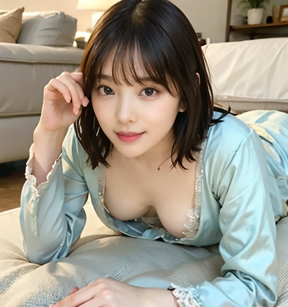 Best Quality、8k、 Compensate、masterpiece、  ultra high resolution、Realistic、  Professional Lighting 、 natural light、smile、Ultra slim、Slender body、( very cute girl 、 beautiful girls、 Cute Yuki Yoda 、 The cutest in the world)、baby face、 small face 、Idol Class、  white skin、( small breasts:1.4、  flat chest:1.4)、  very short hair :1.6、 brown hair、 Lean forward :1.6、 cleavage visible   :1.8、Woman in sexy pajamas:1.6