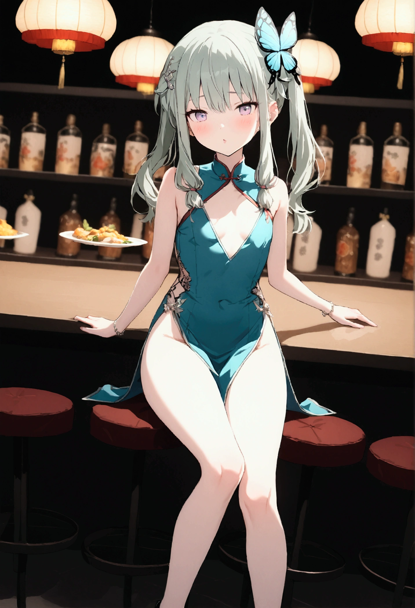 High image quality 、masterpiece、   High Quality  、Full HD、4K 、Kusanagi Nin々、Long Hair 、Butterfly Hair Ornament 、  twin tails、 purple eyes、slim、 green china dress、 Blushing cheeks 、Red  on cheeks、 flat chest、 legs crossed、  high heels、 sexy latino 、Chinese Restaurant