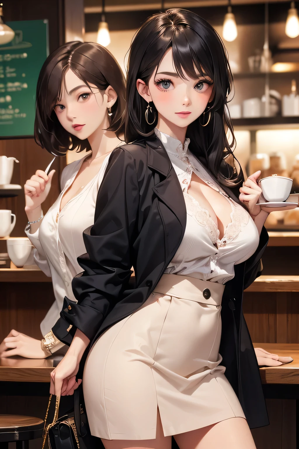 (masterpiece:1.2, highest quality), (realistic, photorealistic:1.4), (topless:1.8,full nude:1.8),beautiful illustrations, (natural side lighting, movie lighting),
looking at the viewer, ((2 girls:1.7)),((Black-haired beauty and blonde beauty)), Japanese, perfect face, Cute symmetrical face, shiny skin, baby face,
(long hair, straight hair, sideburns), flowing bangs, Idol's Breasts, seductive thighs, big ass), earrings,
beautiful hair, beautiful face, fine and beautiful eyes, beautiful clavicle, beautiful body, beautiful breasts, beautiful thighs, beautiful feet, beautiful fingers, toes)), perfect body beauty:1.4、8 heads and bodies,
(beautiful scenery), evening, (cafe shop), Are standing, (nice smile, Upper grade),
