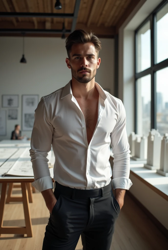 ((Best Quality, 8K, ultra-detailed, Masterpiece: 1.3)), 1man, "full body", shiny skin, sharp, 30 years old, blue eyes, wearing a white shirt, in a classroom, attractive face, model face, extremely detailed face, hyper detailed, realistic, photorealistic, 8k, high quality, studio lighting