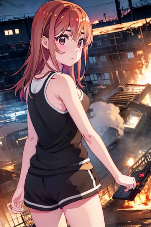 Sumi Sakurasawa、holding hundgun、at night、fence、1 girl、 cleavage、 Black Tank Top、 sexy black shorts、Turn around and show your butt、Infiltrate a military base、Military base exploding in flames、The building is on fire