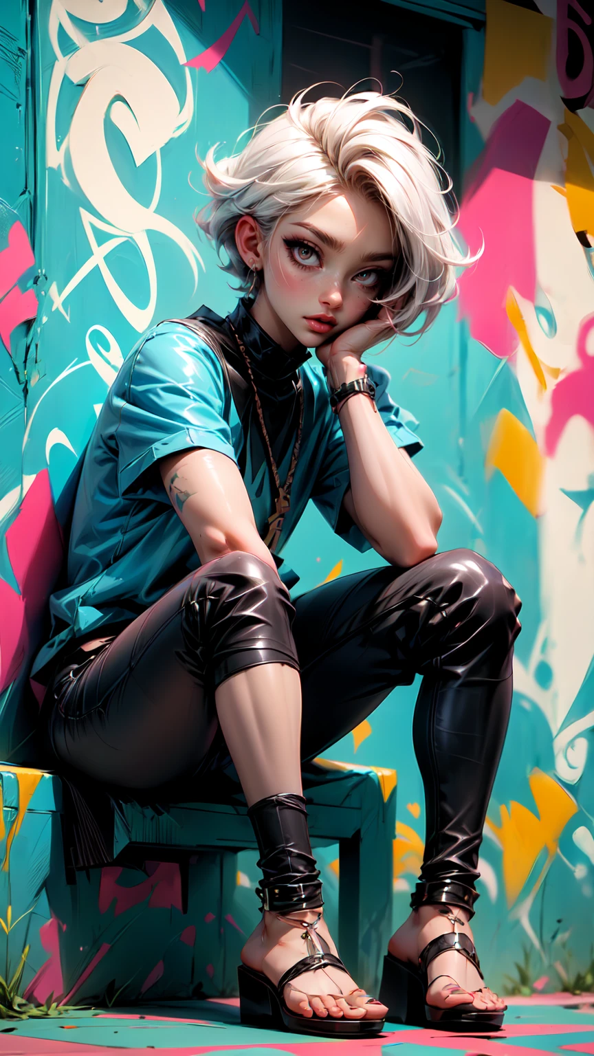 (masterpiece), anime style, 1boy, femboy, expressive eyes, beautiful face, black mascara, sharp mascara, thick eyelashes, black eye shadow, soft skin, feminine boy with delicate features, ((black skin)), ebony skin, white hair, ((otoko no)), sitting, graffiti wall background, 