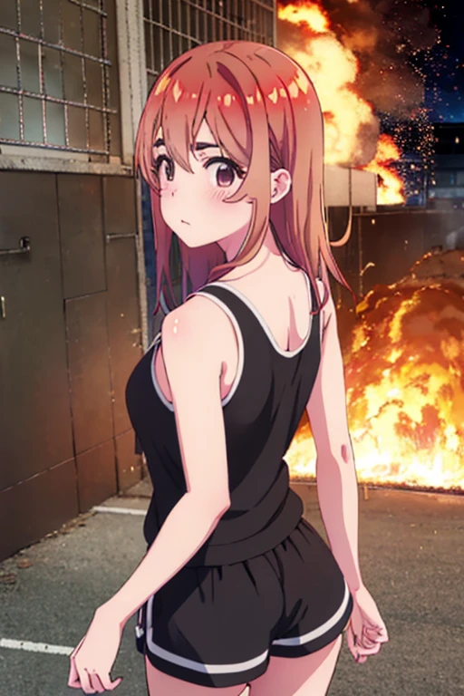 Sumi Sakurasawa、holding hundgun、at night、fence、1 girl、 cleavage、 Black Tank Top、 sexy black shorts、Turn around and show your butt、Infiltrate a military base、Military base exploding in flames、The building is on fire