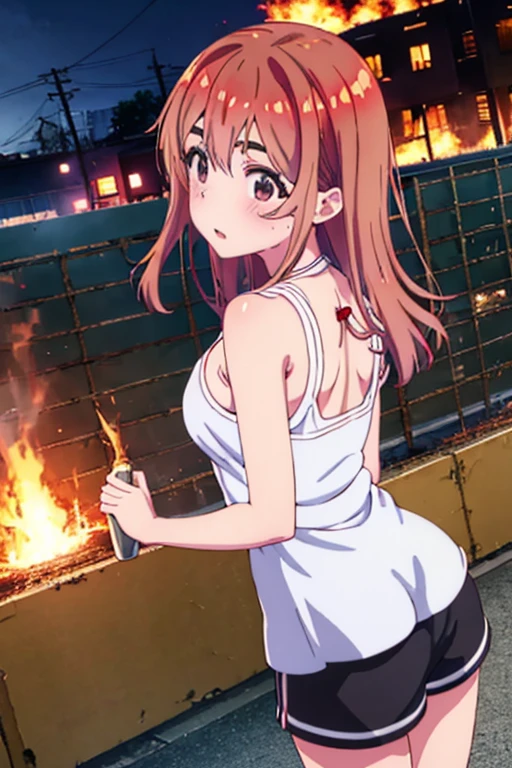 Sumi Sakurasawa、holding hundgun、at night、fence、1 girl、 cleavage、 Black Tank Top、 sexy black shorts、Turn around and show your butt、Infiltrate a military base、Military base exploding in flames、The building is on fire