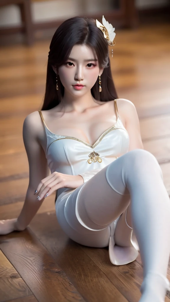 Close-up of a woman in a dress lying on a wooden floor, Japanese Goddess, Beautiful Chinese model, beautiful goddess, beautiful Asian girl, Sexy Girl, Fair, smooth and translucent skin, Chinese Girl, Asian girl, Attractive anime girl, Sexy pose, Beautiful fantasy queen, Beautiful and detailed body and face, Smooth white tights set, Light milky white porcelain skin