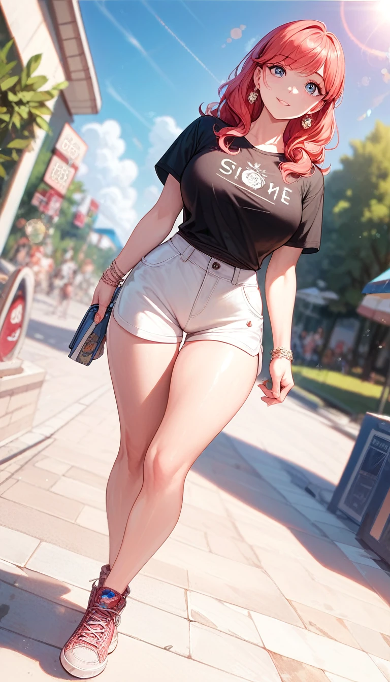 Masterpiece,Best Quality, cinematic lens effect, highly dramatic picture, ultra detailed, depth of field, 8k, medium full length,  ((Busty Bitches)), Korean girl, ecchi, cute black tshirt and white shorts , reddish hair , colourful jewellery , Dutch angle 