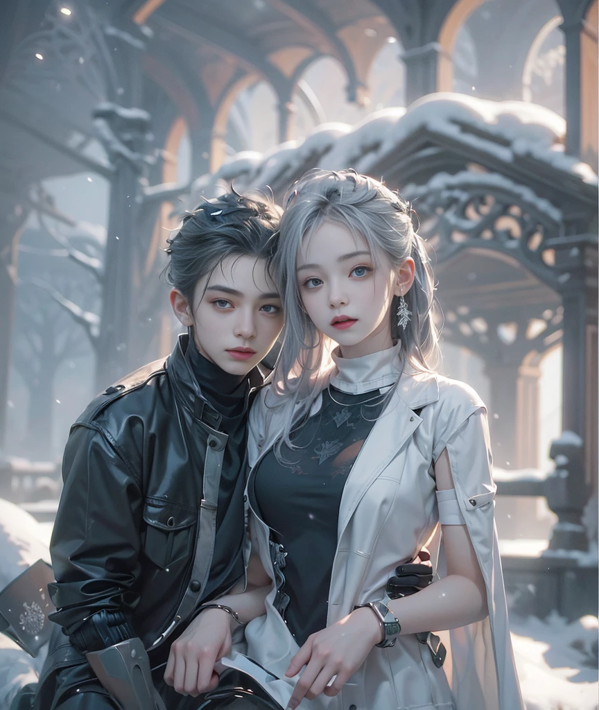tattoo, (snowstorm, dissolve:1.3), stylish, many details, symmetric, dark fantasy, dark botanical, intricate, imaginative, highly detailed 1girl and 1man
