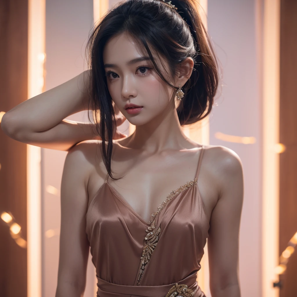 ( masterpiece, top quality, best quality,8k,17 years old girl,ultra detailed,raw photo:1.5),(photorealistic:1.4), (Hairstyles,black hair:1.5), (cinematic lighting), PerfectNwsjMajic, , Surrealism, UHD, ccurate, Super detail, textured skin, High detail, Best quality, dynamic angle, White skin,[Beautiful blue eyes], high nose,(1girl),((good anatomy,muted tones:0.5)),(makeup, idols,on the Stage),Slim body 