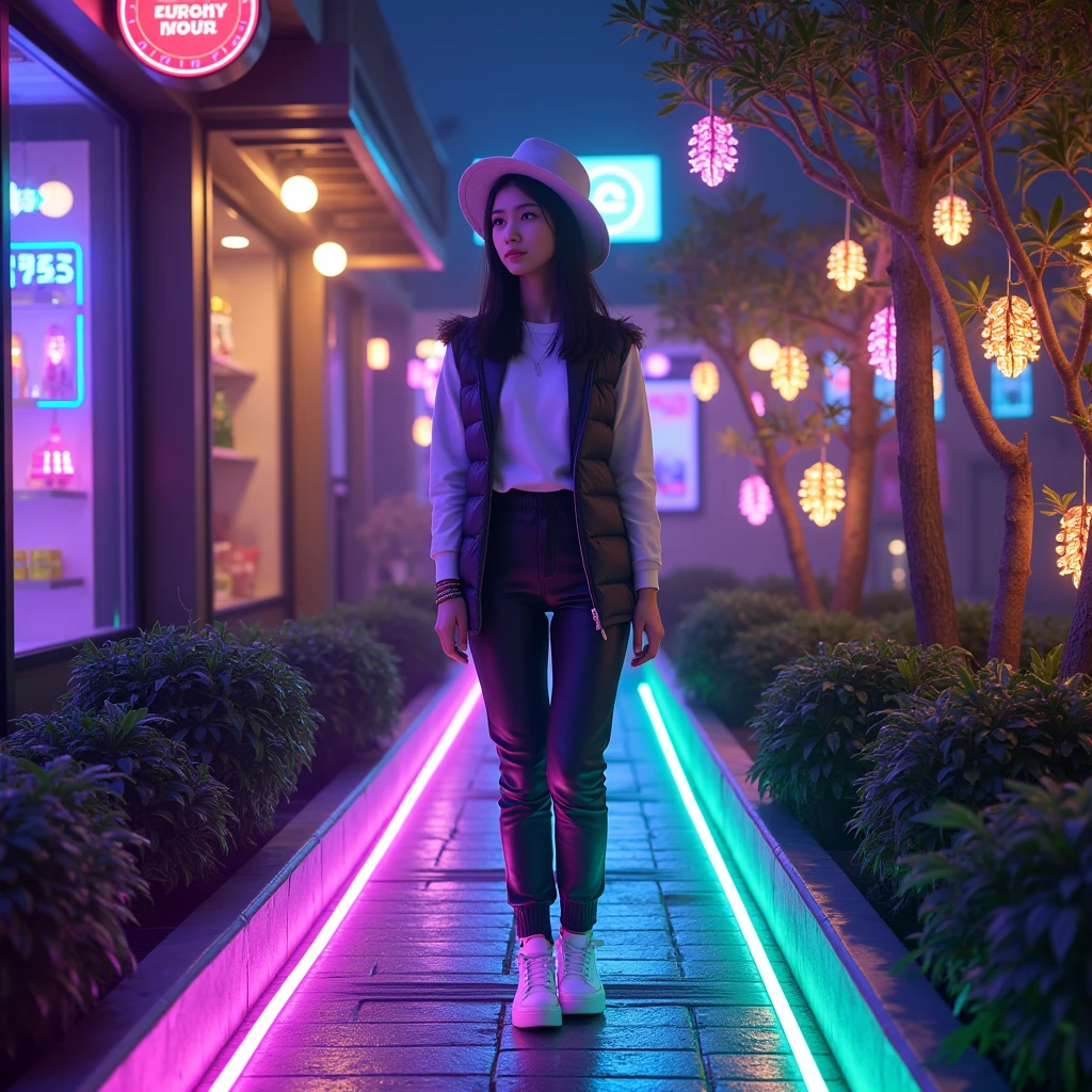  Night Dark Stars small ,  neon path along the sidewalk like stripes shimmer in different colors ,  There are Metal and Neon Lanterns colors and patterns in the form of leaf patterns woven to the flower on metal,  A beautiful girl walks in a hat with neon vodka ,  vest and white shirt on her hands neon bracelets small ,  sneakers neon sole ,  pants covered warm, puffy with fur ,  Stores with Neon Signs and Showcases There is a soft neon light, not very bright around the glass ,  Small Trees on which Some leaves in in the form of neons with a beautiful not bright glow , masterpiece, 16K,  best quality , bright colors, A clear and detailed picture ,  lots of details,  Complex Details ,  Maximum Quality ,  Everything According to the Author , 8 k,  digital processing ,