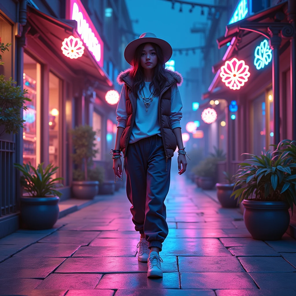  Night Dark Stars small ,  neon path along the sidewalk like stripes shimmer in different colors ,  There are Metal and Neon Lanterns colors and patterns in the form of leaf patterns woven to the flower on metal,  A beautiful girl walks in a hat with neon vodka ,  vest and white shirt on her hands neon bracelets small ,  sneakers neon sole ,  pants covered warm, puffy with fur ,  Stores with Neon Signs and Showcases There is a soft neon light, not very bright around the glass ,  Small Trees on which Some leaves in in the form of neons with a beautiful not bright glow , masterpiece, 16K,  best quality , bright colors, A clear and detailed picture ,  lots of details,  Complex Details ,  Maximum Quality ,  Everything According to the Author , 8 k,  digital processing ,