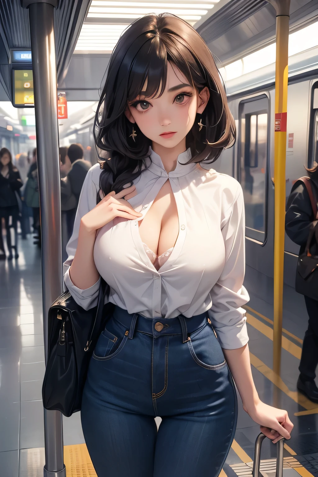 (((Practical photography))),, portrait, (naughty face:1.3),, beautiful girl, Looking at the audience, , (Uniforms:1.2), Button up your shirt and pants, , (Full cleavage:1),, in japanese street, (environment details:1.3),, (original photo, CG Unity, photography, ultra Practical details, Clear focus, Delicate skin,4K, High resolution, masterpiece, best quality, Practical, Energetic:1.2),, (8k,4K, Ultra HD, high resolution, professional, Movie, Movie, dramatic),, (Anamorphic depth of field blurred background), Detailed background,