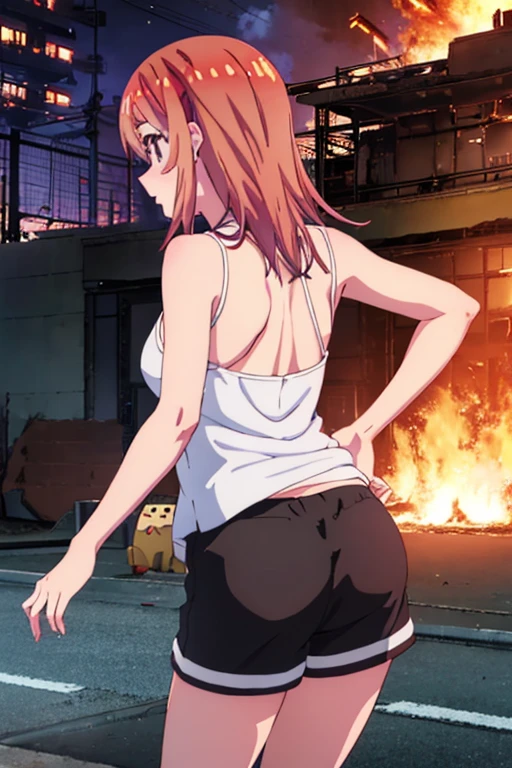 Sumi Sakurasawa、holding hundgun、at night、fence、1 girl、 cleavage、 Black Tank Top、 sexy black shorts、Turn around and show your butt、Infiltrate a military base、Military base exploding in flames、The building is on fire