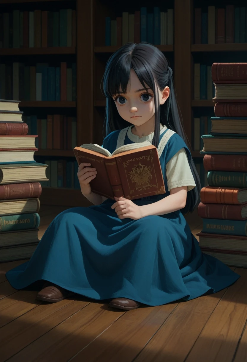 severus snape's daughter:((12years old)))score_9, score_8_up, score_7_up, score_6_up, score_5_up, score_4_up, rating_safe, source_anime, 1girl, long hair, myne, black hair, black eyes , sitting on the floor, reading a book, surrounded by books