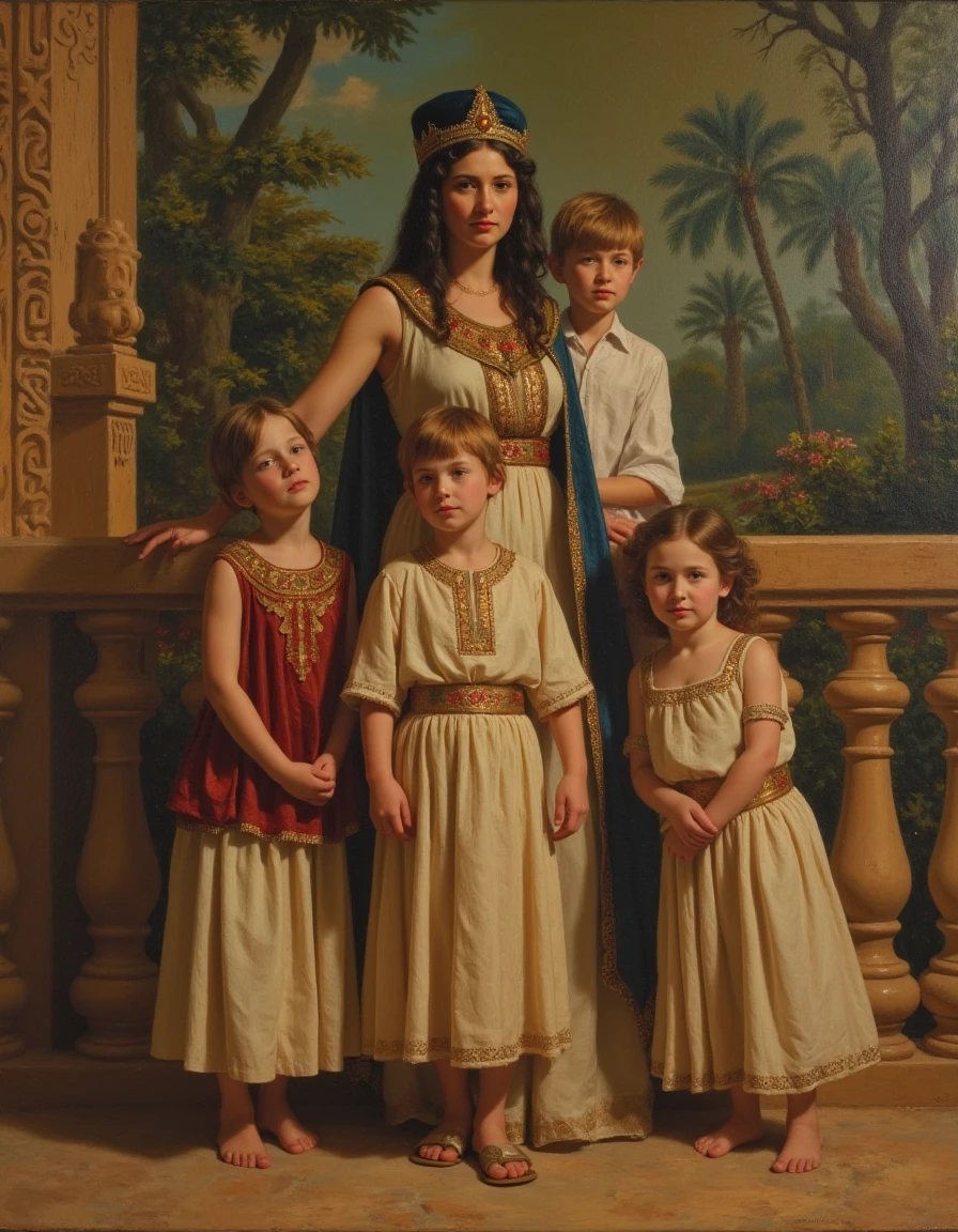 Biblical painting Eve Adam's wife holding two children with Egyptian robes, age before Christ