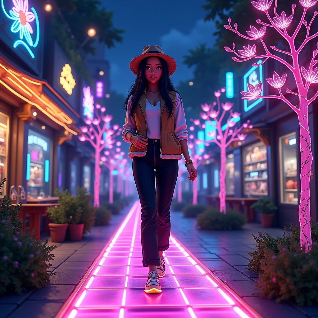  Night Dark Stars small ,  neon path along the sidewalk like stripes shimmer in different colors ,  There are Metal and Neon Lanterns colors and patterns in the form of leaf patterns woven to the flower on metal,  A beautiful girl walks in a hat with neon vodka ,  vest and white shirt on her hands neon bracelets small ,  sneakers neon sole ,  pants covered warm, puffy with fur ,  Stores with Neon Signs and Showcases There is a soft neon light, not very bright around the glass ,  Small Trees on which Some leaves in in the form of neons with a beautiful not bright glow , masterpiece, 16K,  best quality , bright colors, A clear and detailed picture ,  lots of details,  Complex Details ,  Maximum Quality ,  Everything According to the Author , 8 k,  digital processing ,