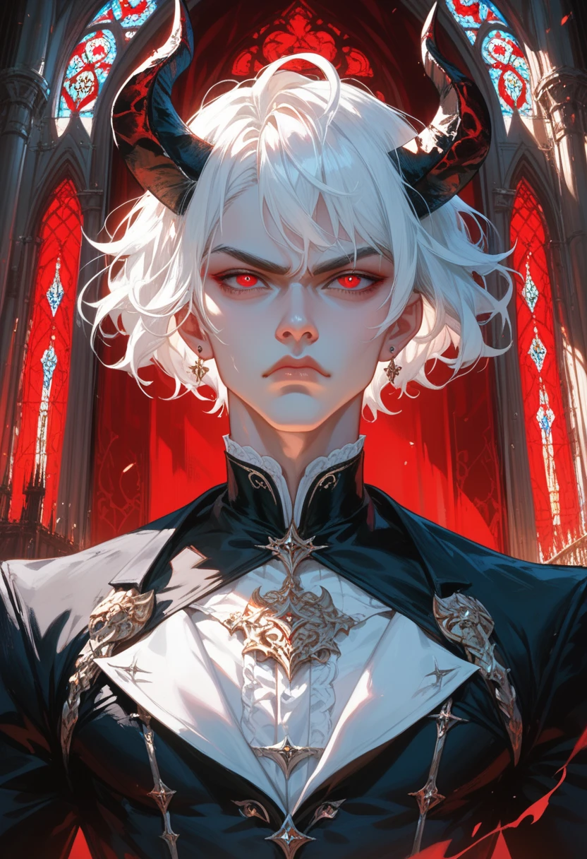 Short hair, 1 boy, beauty, sharp eyes, Priestly vestments, white hair, devil horns, black whites, sharp pupils, red eyes, castle, Masterpiece, High Quality, A posture in which the waist is slightly twisted and the side is viewed, Pale skin, grumpy face,