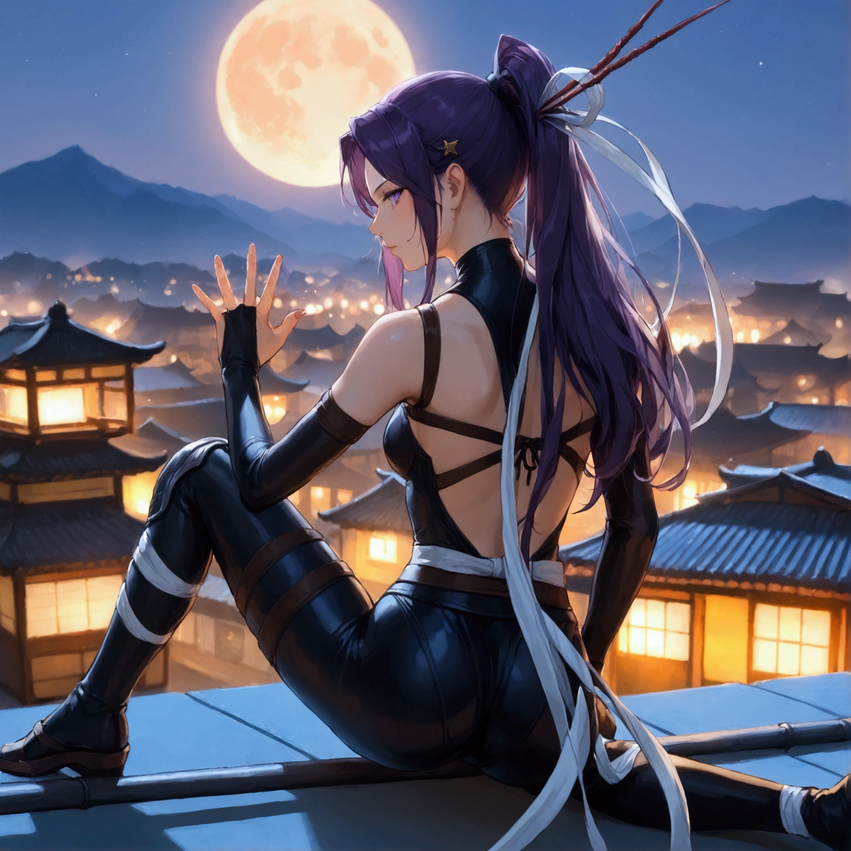  An anime-style kunoichi on a roof traditional Japanese night ,  illuminated by the light of a full moon .  The ninja is in a dynamic attack posture , similar to the style of Jack-O ,  with one knee bent and one hand touching the roof to maintain balance . is on his back,  but looking over her shoulder towards the 'camera' with a mysterious and seductive expression.  She wears a tight mesh suit that reveals her skin , , enhancing her silhouette and giving her an appearance elegant and stealthy .  Her long dark purple hair is tied in a high ponytail ,  waving slightly in the night breeze . in your hands,  the kunoichi holds long needles between her fingers ,  ready to be used as weapons .  The moonlight casts soft shadows ,  highlighting his figure ,  the details of the roof and its intense posture ,  creating an atmospheric and mysterious scene .