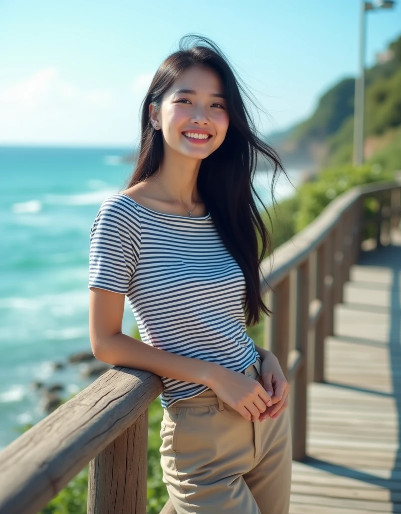 Hyper realistic and detailed full body photo of one young asian smiling beautiful a woman. Cloudy Sunset. Sharp light. perfect eyes, (Eye makeup:1.1), (highly detailed skin:1.1), RAW, analog style, sharp focus, 8k UHD, DSLR, high quality, Fujifilm XT3, grain, award winning, masterpiece.