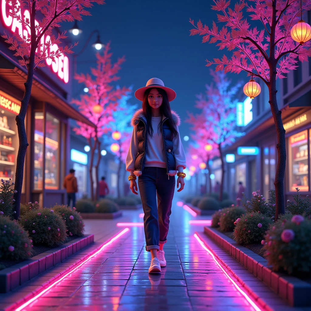  Night Dark Stars small ,  neon path along the sidewalk like stripes shimmer in different colors ,  There are Metal and Neon Lanterns colors and patterns in the form of leaf patterns woven to the flower on metal,  A beautiful girl walks in a hat with neon vodka ,  vest and white shirt on her hands neon bracelets small ,  sneakers neon sole ,  pants covered warm, puffy with fur ,  Stores with Neon Signs and Showcases There is a soft neon light, not very bright around the glass ,  Small Trees on which Some leaves in in the form of neons with a beautiful not bright glow , masterpiece, 16K,  best quality , bright colors, A clear and detailed picture ,  lots of details,  Complex Details ,  Maximum Quality ,  Everything According to the Author , 8 k,  digital processing ,