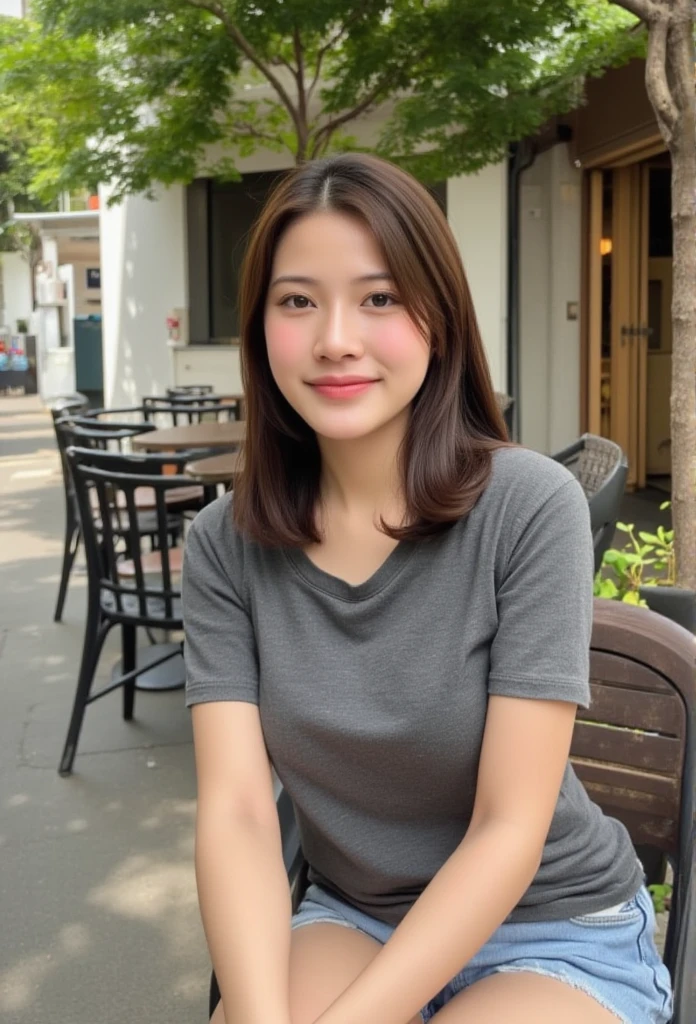 ((Best quality)),((8K)), portrait,A photo of an Thai woman wearing short denim women with gray t shirt slim fit, sitting on chair out door, front door,cafe, small tree 