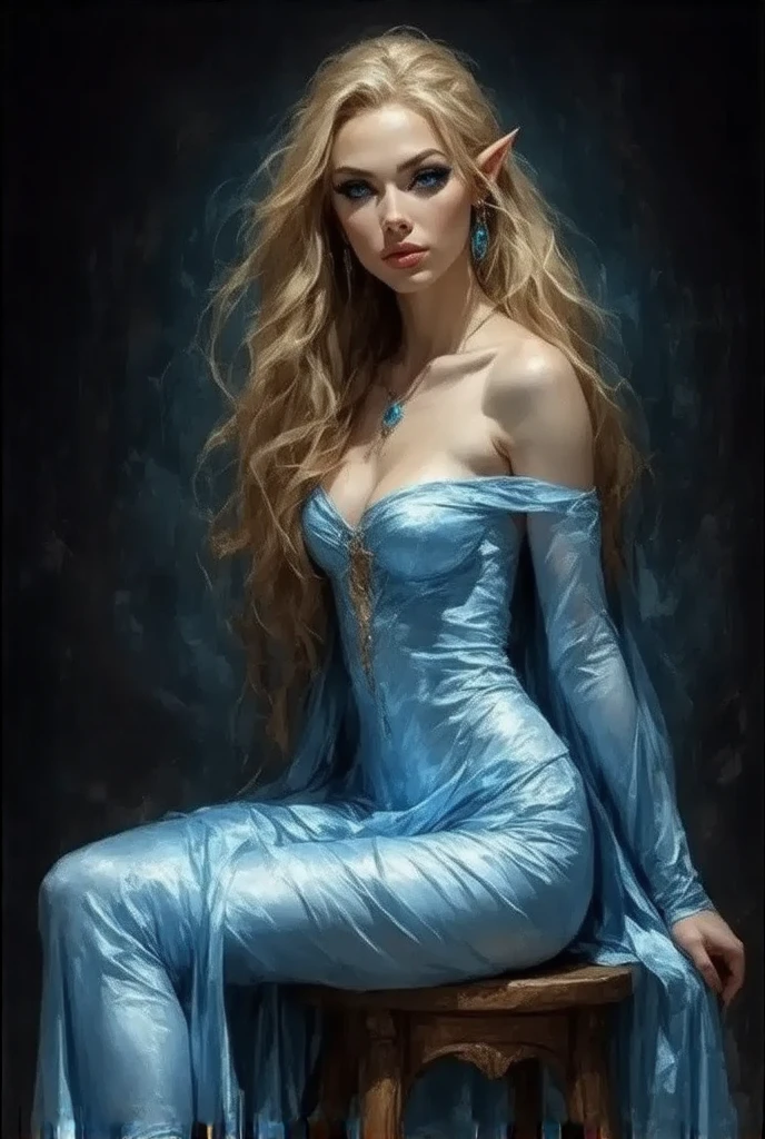 an elf with golden hair and blue eyes .  She is wearing a silk tight-fitting blue dress with a deep neckline.  She has big breasts and is sitting on a stool. The legs are spread 