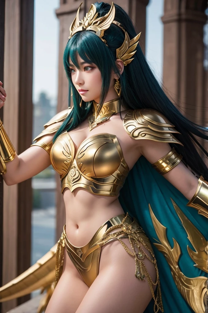 Professional , masterpiece、top-quality、photos realistic 、超A high resolution、(Photorealsitic:1.4)、Raw photo、depth of fields (Gemstone Gold Metal Body:1.9),(Matte White、Toostock、((Mansuji))、(cleavage of the breast)、(((heavy breasts、Colossal tits)))),(((Yellow Leather Micro Bikini Armor))),(Detailed Dragon Armor)、(Have the strongest weapon)、((super realistic details))、portlate、globalillumination、Shadow、octan render、highly intricate detail、Realistic light、((Random Hairstyles 1.6),Dark Fantasy)、highly intricate detail、Realistic light、(Precipitous cliffs),Mystical expression、Particles of light、Gorgeous Silver Weapons ,(( Dragon's dense and gorgeous sword)) , Beautiful knife ,warhammer 40k ,Detail and gorgeous crown、((Blue hair))、(Castle background)、、((Gangle's forest background))、Beautiful Caucasian beauty、1a person、dynamic ungle,(()))、Smaller head、A smile、Castle background、Thin and beautiful female hands、Mystical expression、Light Effects、intense fighting、Wind-effect、magic circles、With the legendary magic wand、(demonic wings)、Toostock、Navel、Full Body Angle、