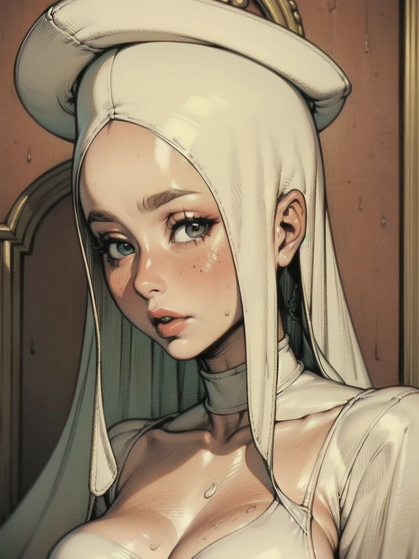  Arabic woman wearing a white hat and dress with red lipstick, pale  white skin like porcelain , Gwaiz, Gwaiz masterpiece, artwork in the style of Gwaiz,  soft portrait shot 8K , Pale young ghost girl,  white skin like porcelain , by Russell Dongjun Lu, Pale porcelain skin, Elegant woman with pure white skin 