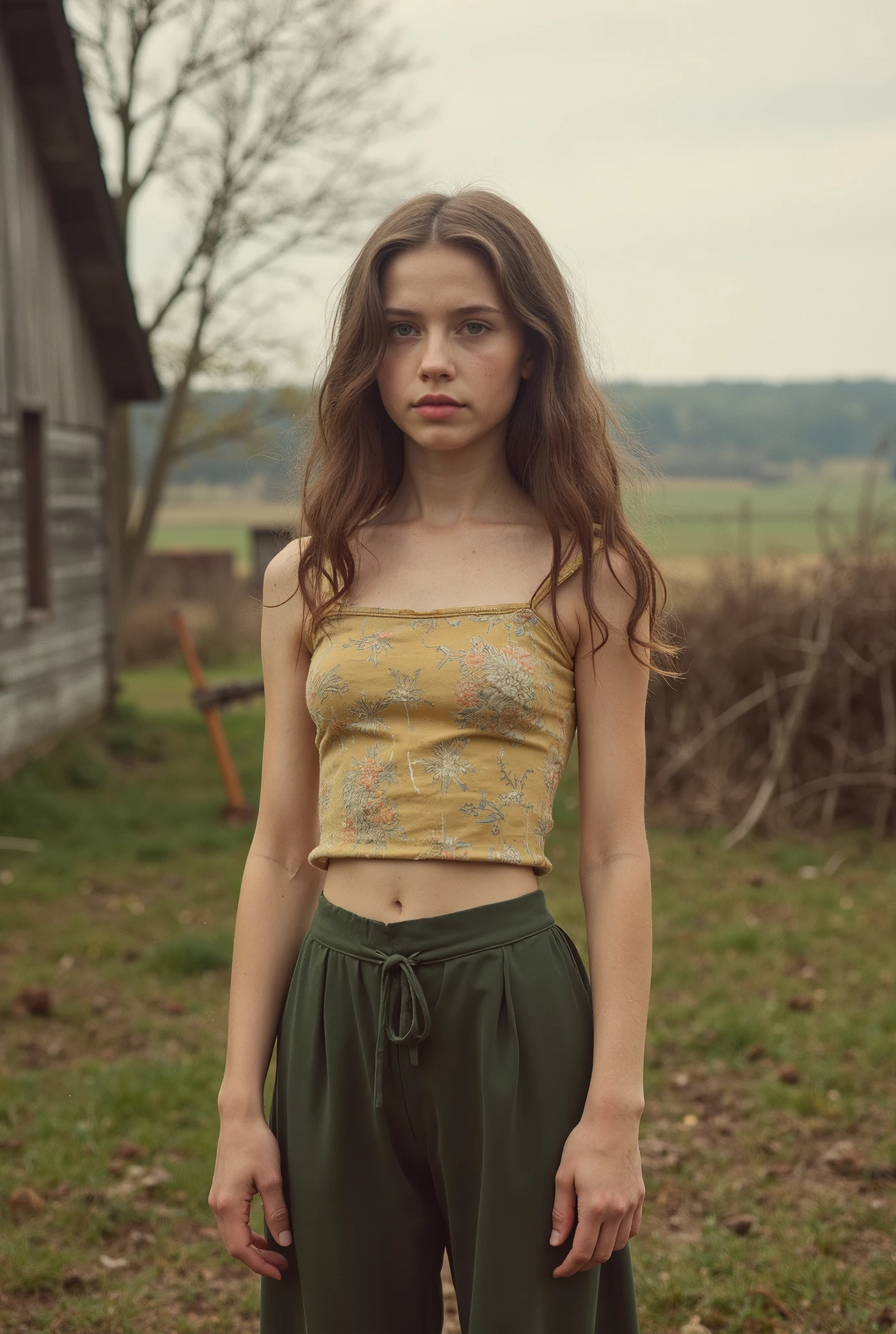 nell hudson as young girl from the 50s, ultra thin, long curly hair , 1950s, old fashion, tight clothes from 1950, 50s, on a farm located in ukraine, pale skin ultra thin high detailed, old photo, film grain, big titts