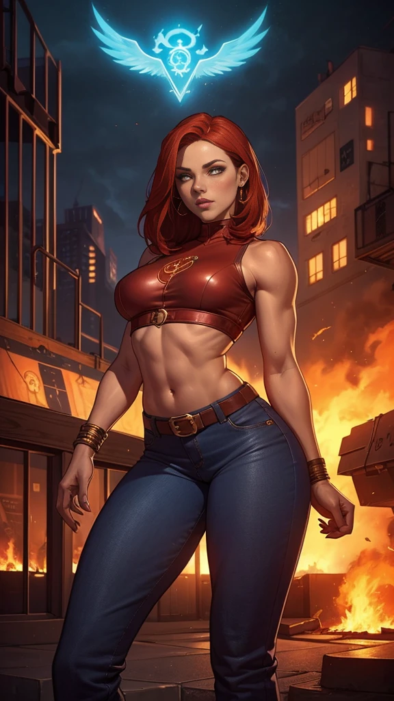(masterpiece), best quality, expressive eyes, perfect face, female with long wavy red hair and green eyes, muscle tone, ripped abs, she's wearing a dark 
brown bomber jacket over a red crop top, she has on tight jeans and has a belt with "Ψ" on the buckle, her face is slightly thin, she has a look of confidence, she is tall, full body.  cocky smile,  generating fire (Big breasts), fire in background