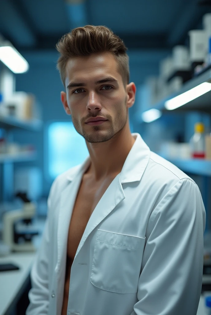 illustration that evoke stoicism  men from 25 years old, shirtless, barefoot, strong, slim body Importance of Reason Style: Scientific realism, with a focus on detail and precision. Color palette: Cool, neutral tones (navy blue, gray, white) to convey clarity and objectivity. Expression: A concentrated and determined gaze, brow slightly furrowed in thought. Setting: A well-equipped laboratory filled with scientific instruments and chemicals.