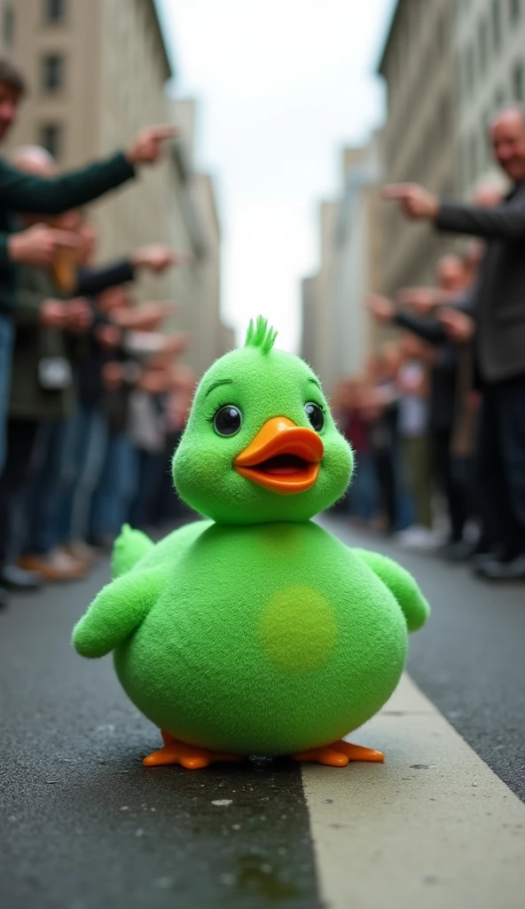 "A green duck with a porous, sponge-like texture, sitting alone on a city street. People in the background are pointing fingers and laughing, looking shocked and amused. The street is busy, with blurred cars and buildings. The scene has a high-resolution, Pixar style, capturing the atmosphere of confusion and judgment."