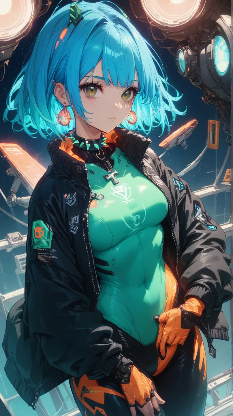 straight front view of An anime girl with short, vibrant blue hair styled in a bob, with bangs that frame her face. add light on face to highlight. She’s wearing a sleek black jacket with neon green piping, a studded choker, and dangling cross earrings. Her brown eyes are sharp and focused as she stands on a platform in a sci-fi metropolis, surrounded by hovering billboards and spaceships passing by in the night sky. looking towards viewer.