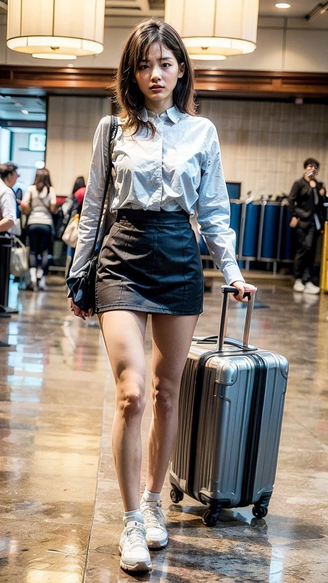 (SFW:1.5), 1 Female, Age 55, Lean Body, Japanese, Female CEO, Mature Woman，Photographing the model from a diagonal front angle, Heavy makeup, Woman standing with her legs wide open, Good posture, Bright red lipstick, Standing posture, Expose，Arching the back, Emphasize the cleavage, Bleached light brown short hair, Larger breasts, A compact summer blouse, ((Thin white leggings made of lace fabric)), Leggings are worn at the waist, revealing the lower abdomen, （Leggings are low-rise）,Showing the abdomen and belly button， The leggings are sheer with a floral pattern，The white leggings are made of thin fabric and her high-leg panty is showing through.，The leggings are thin like stockings，Having a belly button piercing, Holding a huge travel suitcase in his right hand，Looking at the smartphone in his left hand, (Stand with your feet apart), High heels, (( face)), (full breasts), (Perfect ???????), Mastepiece, It&#39;s photorealistic, Sweating, Troubled face, background: In front of the station in midsummer under direct sunlight