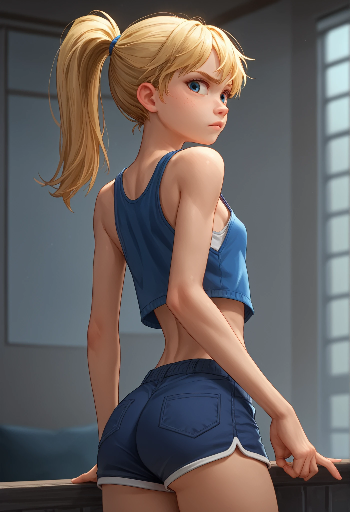 core_9, score_8_up, score_7_up, score_6_up, score_5_up, score_4_up, ri_ley2, 1 girl, ponytail, blonde hair, skinny, , looking at viewer, very lewd, tank top, short shorts, big ass, juicy ass