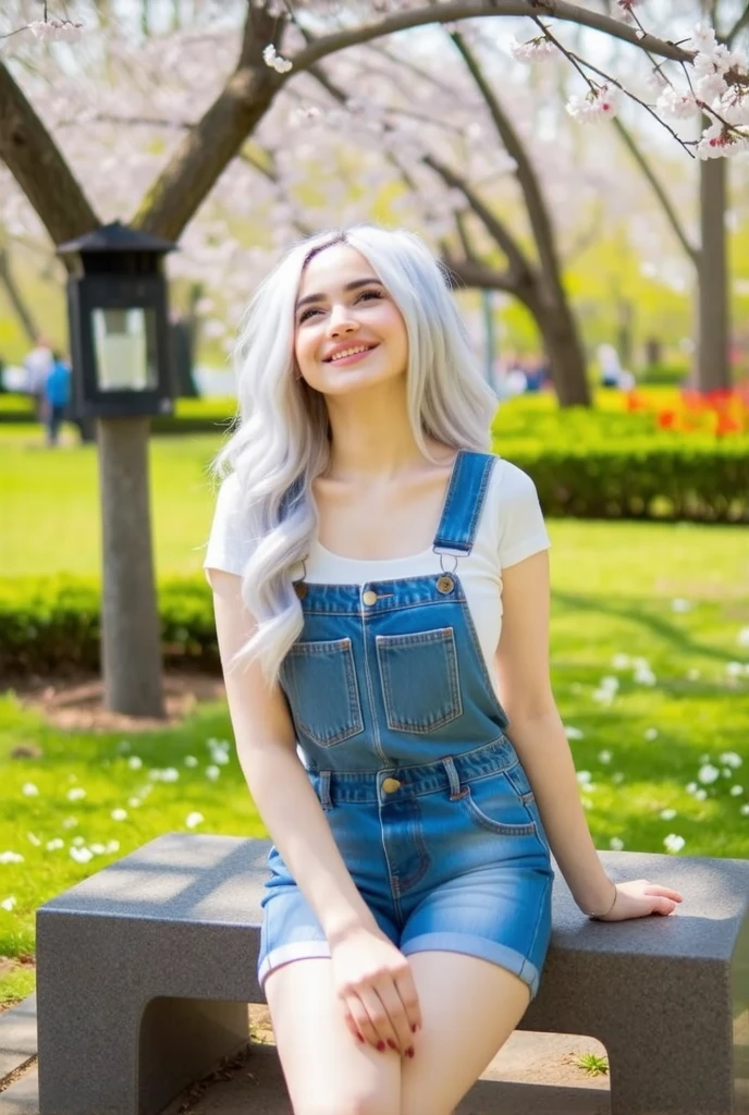 a young woman, jeans romper, 8K, Park, wolf hair, Doble layer hair dye, first layer are white, second layer are white, Looking up to see the cherry blossoms, cuff, up right pose, static pose, center composition, Sit on the estetic bench,estetic Garden lamp, Flowers, pets, others people,smile